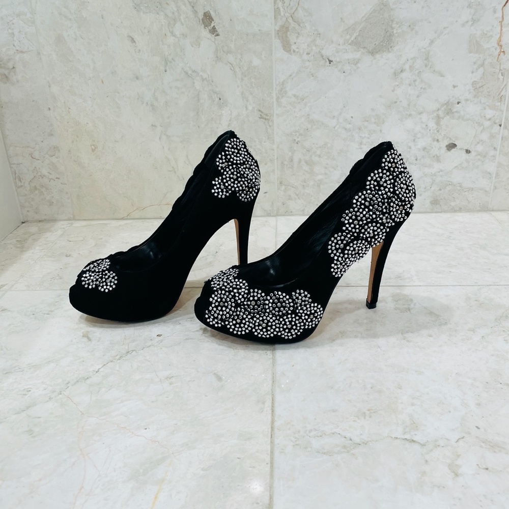 KAREN MILLEN {6} Black Silver Beaded Pumps Peep Toe Stiletto - Picture 5 of 16